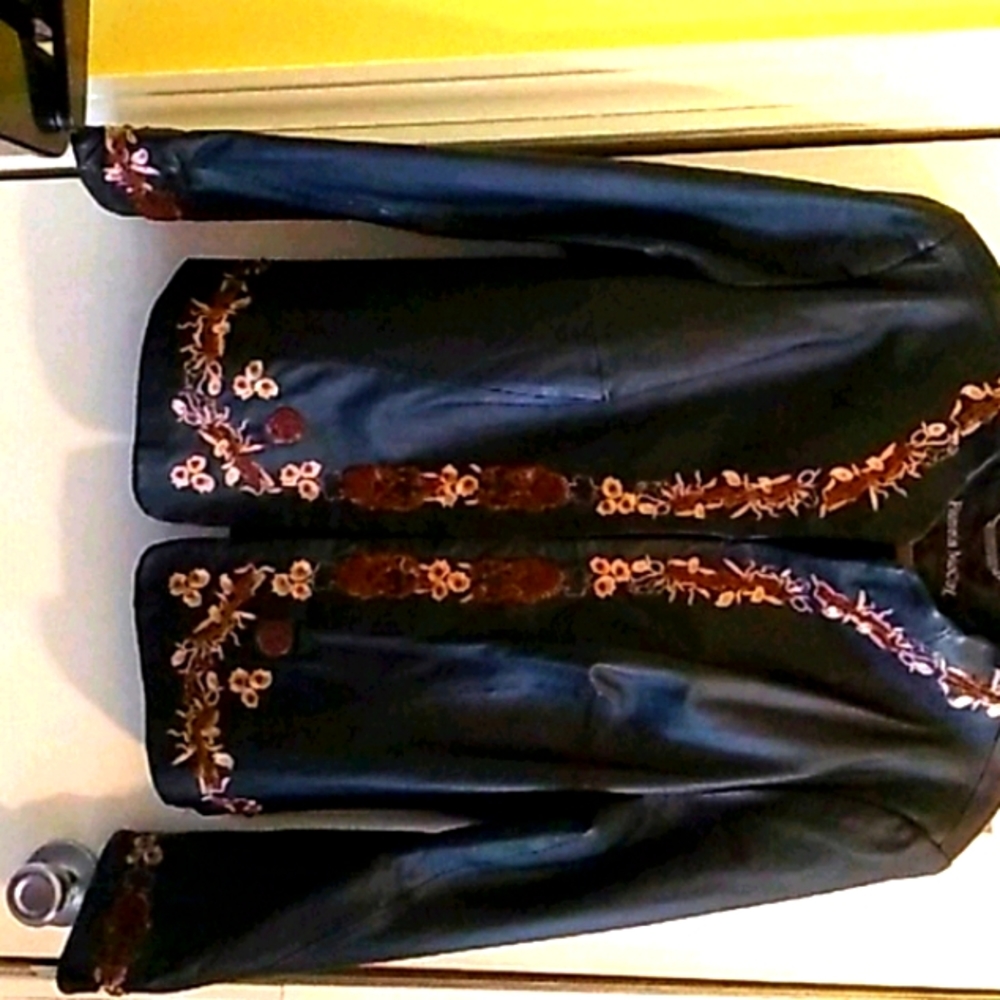Black leather 1X jacket, Pamela McCoy